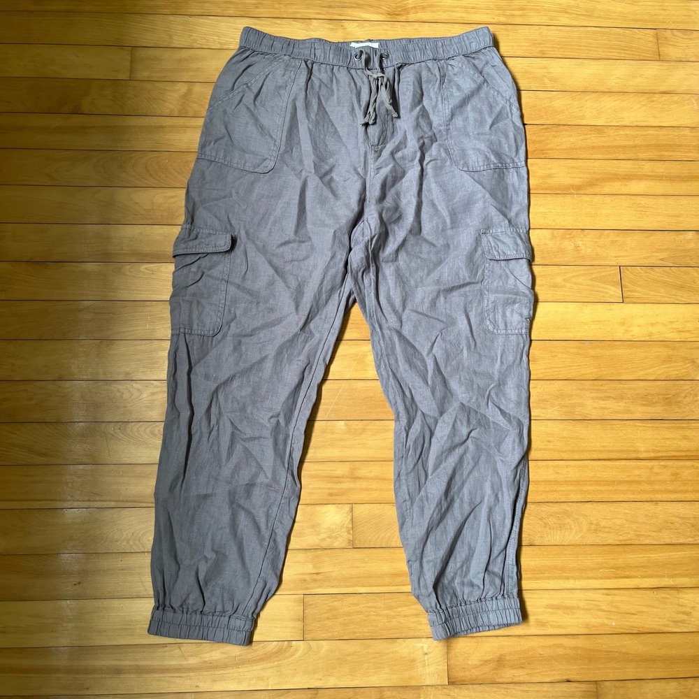 Nicole Miller New York Womens XL 100% Linen Cargo Joggers Grey Utility Pants